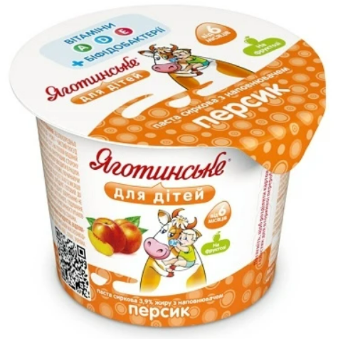 Паста сиркова ЯГОТИНСЬКЕ персик, для дітей від 6 міс, 3,9%, 90г
